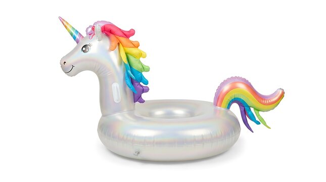 A large inflatable unicorn pool float with a silver metallic finish and a colorful rainbow mane and tail isolated on a plain white background