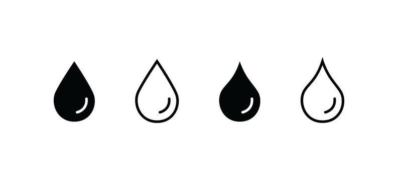 Set of four water drop icons, solid and outline styles isolated on transparent background