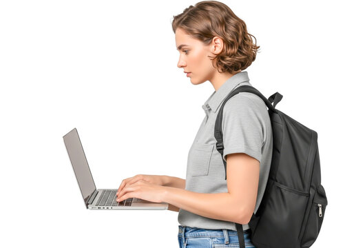 Young female student with backpack typing on a laptop