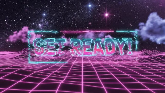 Futuristic retrowave landscape with neon grid and glitch text effect against a purple starry galaxy background.