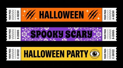 Naklejka premium Set of Three Halloween Party Event Tickets with Spooky Designs in Orange, Purple, and Yellow Colors