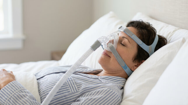 Sleeping woman sleep apnea mask breathing device oxygen therapy medical treatment bedroom night healthcare rest middle aged woman calmly resting bedroom wearing sleep apnea mask and breathing