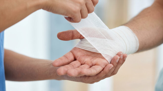 Medical bandage hand injury first aid healthcare support recovery treatment care clinic medical bandage wrapped around injured hand during first aid treatment healthcare clinic, close view