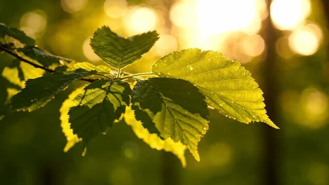 Fresh green leaves on a tree branch backlit by warm morning sunlight in a summer forest.