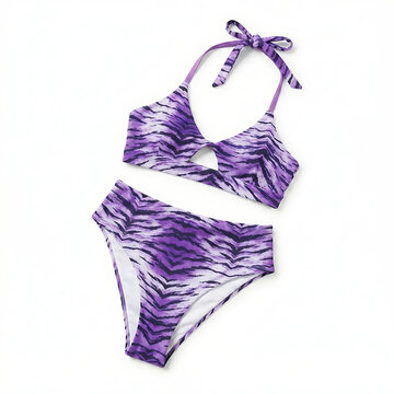Purple Tiger Striped Two Piece Bikini Swimsuit Flatlay Isolated White Background