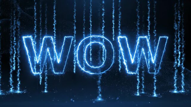 Futuristic blue electric wow text glowing with digital energy particles on a dark background.