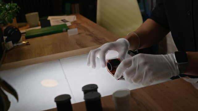 Hands of unrecognizable photographer wearing gloves unrolling developed 35mm film strip on light table for inspection. Video is ideal for analog photography content, film processing, and archiving