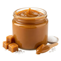 Creamy Salted Caramel Sauce in Glass Jar with Toffee Cubes and Sea Salt Crystals