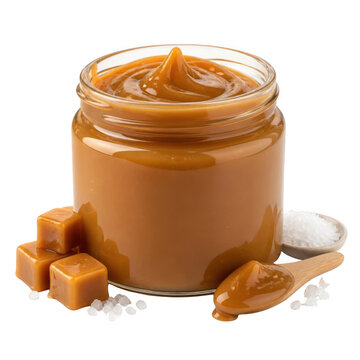 Creamy Salted Caramel Sauce in Glass Jar with Toffee Cubes and Sea Salt Crystals