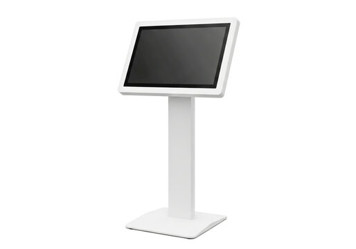 Modern white digital kiosk stand with interactive touch screen