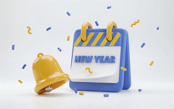 New Year calendar with ringing bell during confetti celebration festive concept