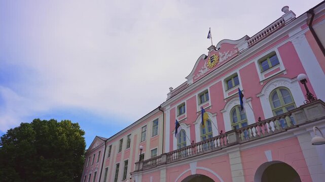 Estonian Parliament building Riigikogu pink facade in Tallinn Old Town.