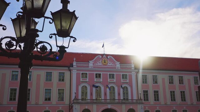 Estonian Parliament building Riigikogu pink facade in Tallinn Old Town.
