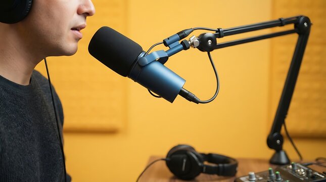 A person speaking into a blue studio microphone on a boom arm, with headphones resting on a wooden table in a room with yellow acoustic foam walls