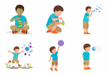 Fototapeta premium Vector illustration set of a young boy playing with soap bubbles, showing various actions like blowing, popping, and chasing.