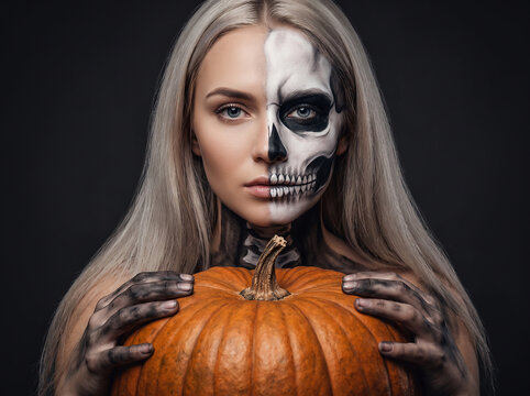 Beautiful blonde woman with half face skull makeup holding a large orange pumpkin for Halloween celebration on dark studio background portrait imagery