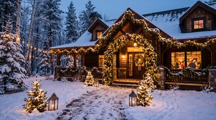 Fototapeta premium Cozy winter wedding lodge illuminated with festive string lights in snowy mountain setting