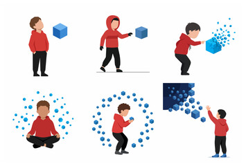 Fototapeta premium Set of vector illustrations of a boy in a red hoodie interacting with digital cubes, representing technology, metaverse, and creative learning in a modern flat design style.