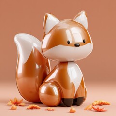 Naklejka premium A puffy balloon fox sits in a cozy setting surrounded by autumn leaves. The scene captures a warm and cheerful atmosphere in russet tones.