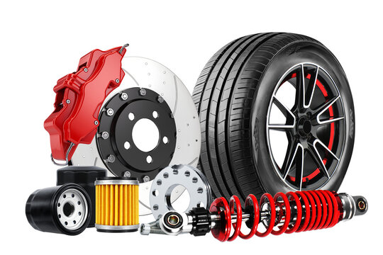 Auto parts accessories Car parts , shock absorbers, filters , tire isolated on transparent backgroung.
