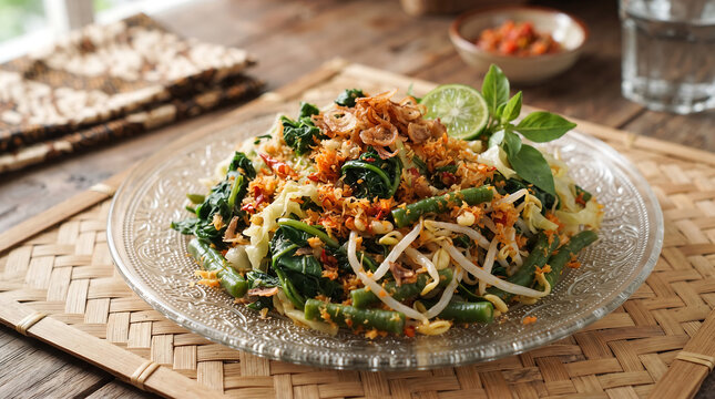 Traditional Indonesian Plecing Kangkung Vegetable Salad with Spiced Coconut and Lime Served on Clear Glass Plate