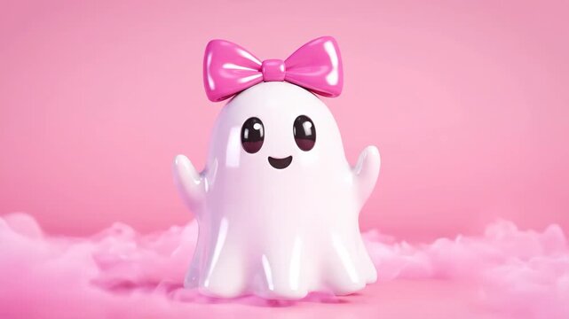 Cute white ghost character with a pink bow floating in pink mist for halloween celebration.