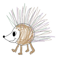 Children's drawing of a cute hedgehog in a colored pencil scribble style, isolated on a transparent background