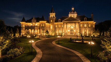 Fototapeta premium Luxury wedding venue mansion exterior at night with illuminated garden and driveway