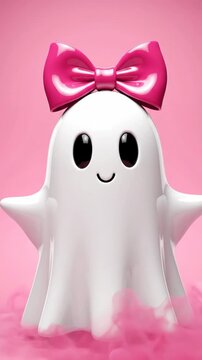 Cute white ghost character wearing a pink bow on a pink background for halloween.