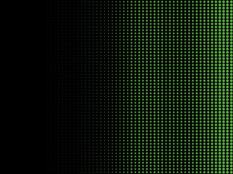 Abstract green halftone dot gradient on a black background, featuring evenly arranged circular points that gradually increase in size and density toward one side. Modern geometric texture.