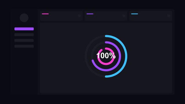 dark mode dashboard with concentric neon radial progress rings, violet and magenta neon