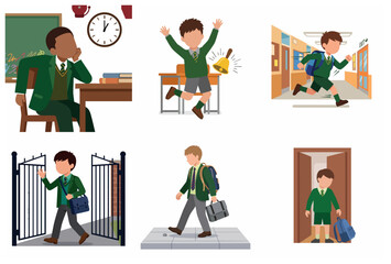 Fototapeta premium Schoolboy Character Set Showing Daily Student Routine Emotions and Activities
