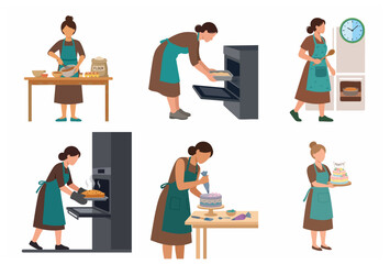 Fototapeta premium Step-by-step baking process illustration set featuring a female character making a delicious cake