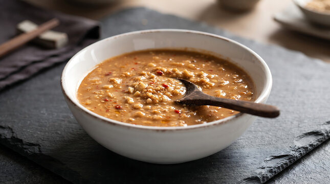Indonesian Spicy Peanut Sauce Sambal Kacang in White Ceramic Bowl with Wooden Spoon on Slate Mat