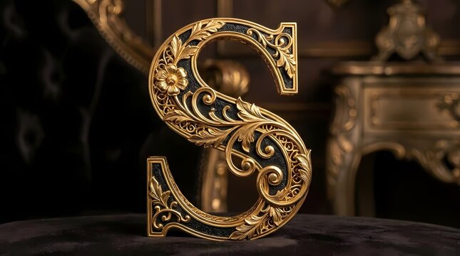 Ornate golden alphabet letter S on dark background.