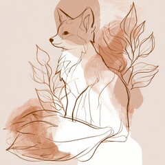 Naklejka premium A fox sketch with a simple outline sits among leaf drawings. This artwork features minimal detail and gentle colors.