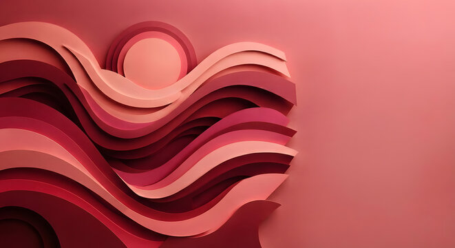 Abstract paper cut art landscape with red and pink waves and sun