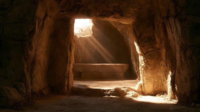 Interior view of an empty ancient stone tomb with sunlight streaming through the entrance
