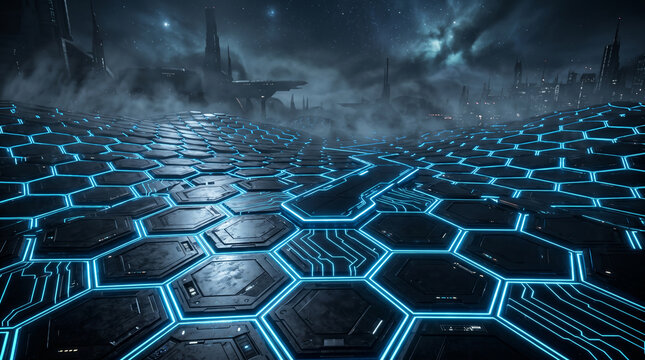 Futuristic scifi landscape with glowing blue hexagonal grid floor and dark alien city skyline in the background under a starry nebula sky
