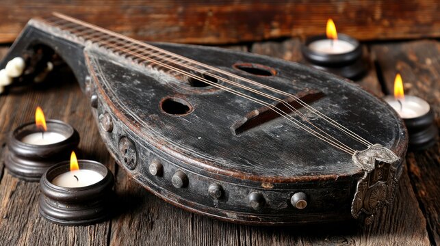 Antique Stringed Instrument Surrounded by Lit Tealight Candles on Rustic Wooden Surface