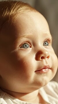 Close up portrait of a beautiful baby with blue eyes looking up in warm natural sunlight.