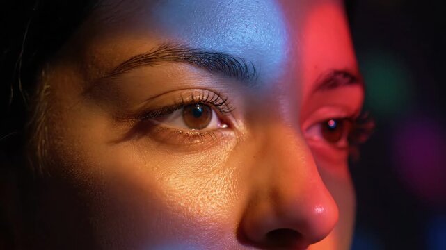 Close up portrait of a young woman with vibrant neon lighting and creative color reflections on her face.