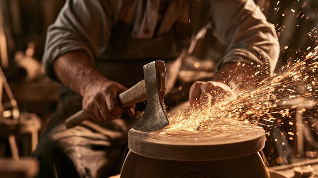 Skilled artisan's hands expertly sharpen a metal axe on a rotating grinding wheel, creating a mesmerizing shower of golden sparks in a dimly lit workshop environment