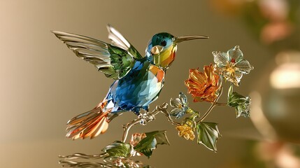 Fototapeta premium A vibrant crystal hummingbird figurine with outstretched wings perches delicately on a branch adorned with intricately crafted glass flowers, showcasing brilliant colors and sparkling facets