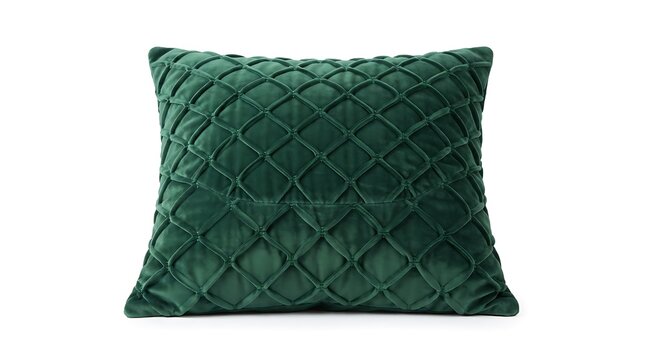 A square dark green velvet throw pillow with a decorative quilted lattice pattern isolated on a white background, for home decor