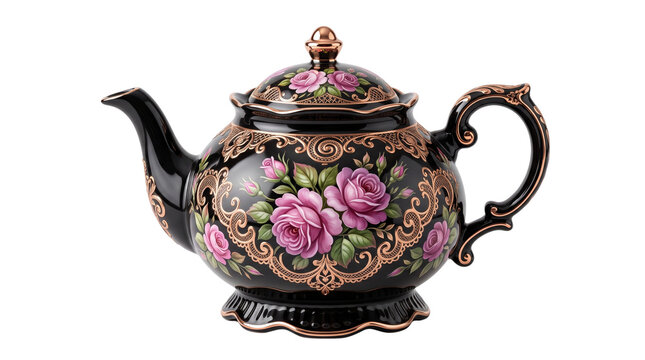 Vintage black ceramic teapot with pink rose floral pattern, elegant porcelain tea pot with gold filigree, ornate victorian style kitchenware isolated PNG with Transparent Background