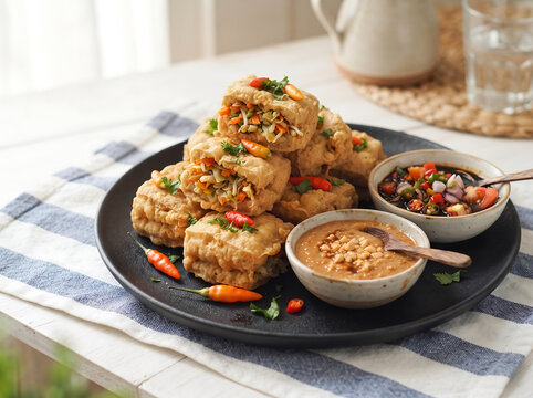 Traditional Indonesian Tahu Isi Crispy Stuffed Tofu with Vegetable Filling, Peanut Sauce, and Sweet Soy Chili Dip Served on Black Plate