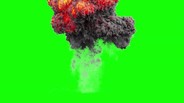 Fuel explosion with fire and smoke on green screen. 3d animation of massive fireball explosion. Fiery bomb blast isolated