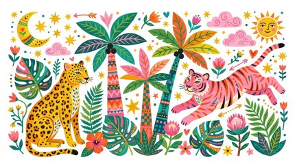 Obraz premium Colorful Folk Art Illustration of Tropical Jungle with Leopard, Pink Tiger, Palm Trees, Sun and Moon