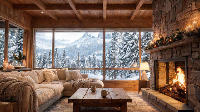 Cozy winter cabin living room with fireplace and snowy mountain view,backdrop, virtual meeting background, ms teams background, zoom meeting backdrop, digital meeting background